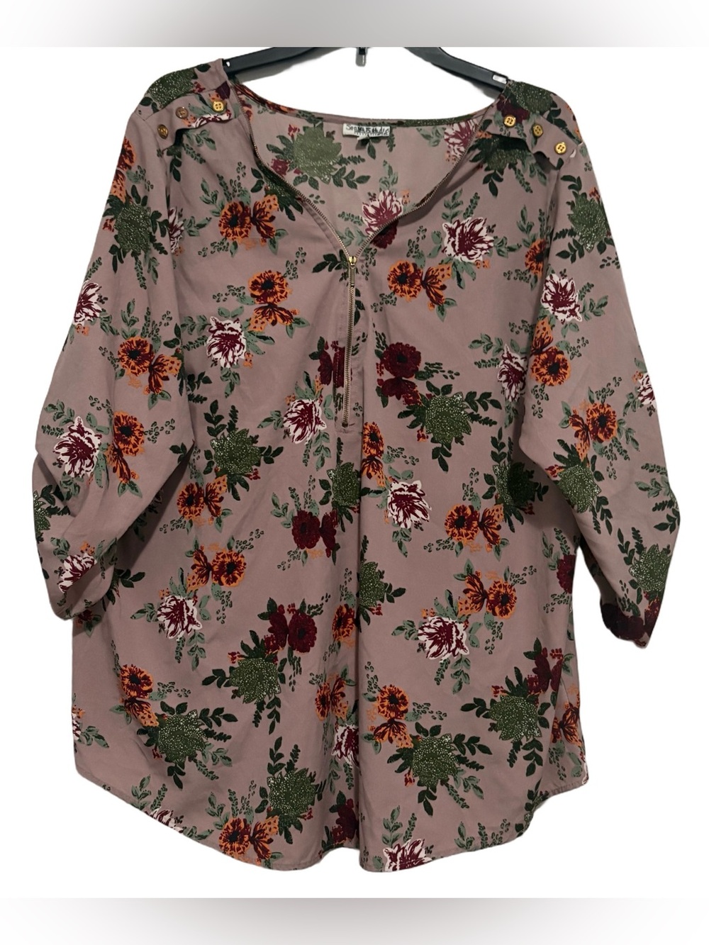 Dusty Mauve Floral Zip-Front Blouse